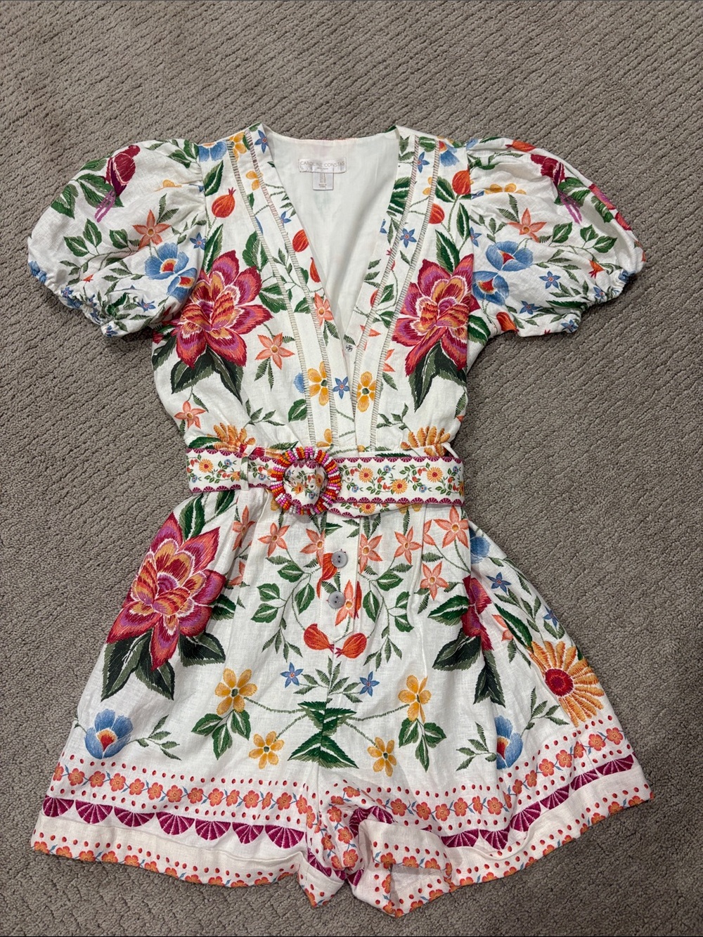 Caroline Constas White Floral Embroidered Romper with Multicolor Belt